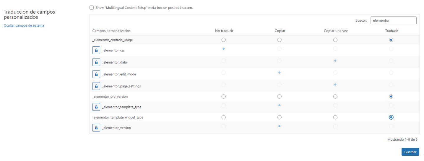 Configurar las preferencias de traducción de los campos personalizados del ACF